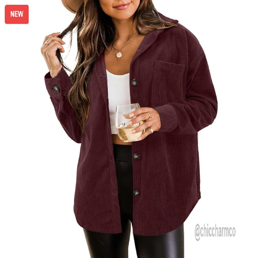 Corduroy Shacket Button Down Blouse Plus Size Long Sleeve Top